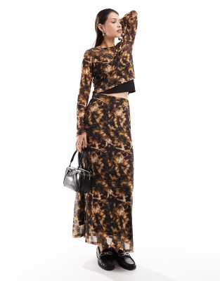 abstract mesh maxi skirt in brown - part of a set