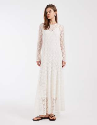 Vero Moda All Over Floral Lace Boho Maxi Dress With Godet Skirt In White