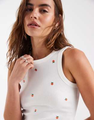 Vero Moda All Over Peach Graphic Embroidered Rib Knit Tank Top In White