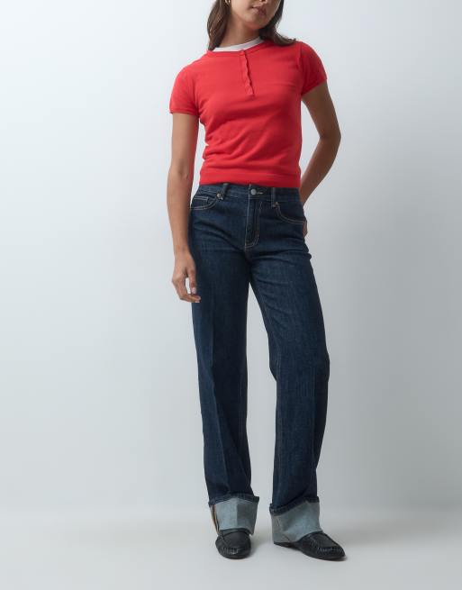 Vero Moda Allison jeans a gamba dritta a vita medio alta con dettagli cuciture e risvolto in denim blu scuro, 1 di 5