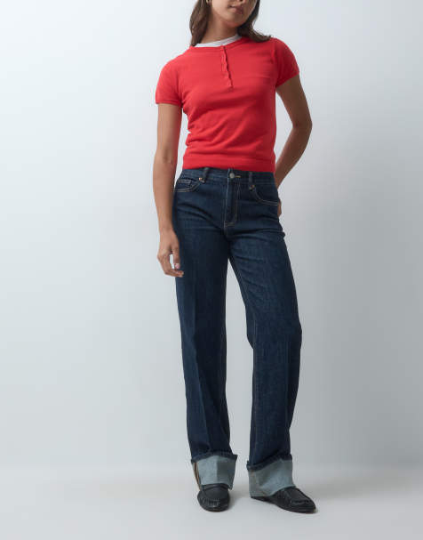 Vero Moda Allison jeans met halfhoge taille, rechte pijpen, naaddetail en omgeslagen zoom in donkerblauw denim - view 1