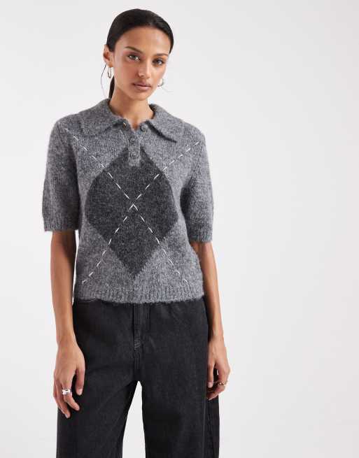 Vero Moda argyle stitch detail knitted polo in medium grey melange, 2 of 4