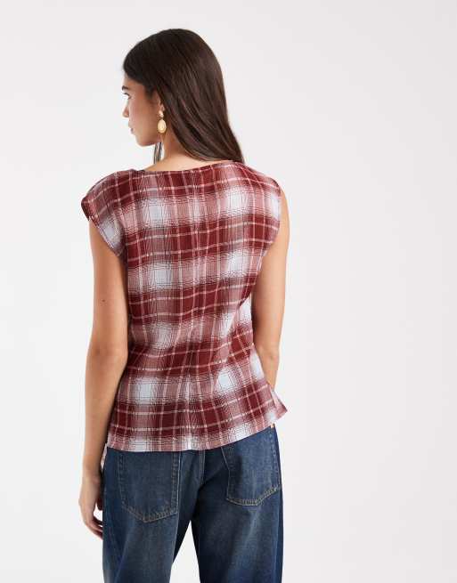 Vero Moda ärmelloses asymmetrisches Oberteil mit Knotendetail in Rostkaro, 4 von 4
