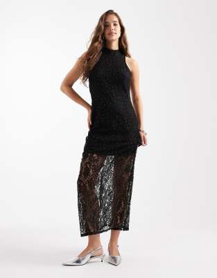 Vero Moda - Ärmelloses Maxikleid aus durchscheinendem, komplett mit Nieten besetztem Stoff in Schwarz