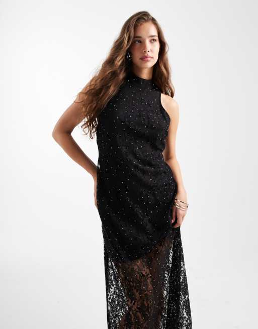 Vero Moda – Ärmelloses Maxikleid aus durchscheinendem, komplett mit Nieten besetztem Stoff in Schwarz, 4 von 4