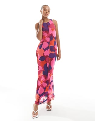 Vero Moda - Ärmelloses Netzstoff-Kleid mit kräftigem abstraktem Druck und Ziernaht vorn-Bunt
