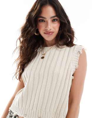 Thumbnail - Vero Moda - Ärmelloses Oberteil aus Leiterstrick in Creme-Weiß