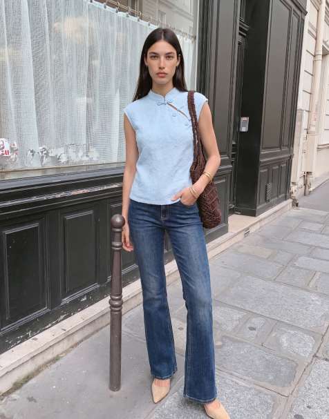 Vero Moda ärmlös spetstopp med mandarin-krage och knäppning i ljusblått - view 1