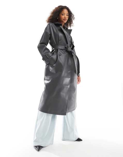 Vero Moda – Asfaltgrå, lång trenchcoat i läderimitation - view 1