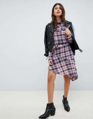 asymmetric check mini skirt-Multi