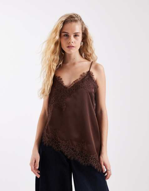 Vero Moda asymmetric lace trim satin cami top in brown  - view 1