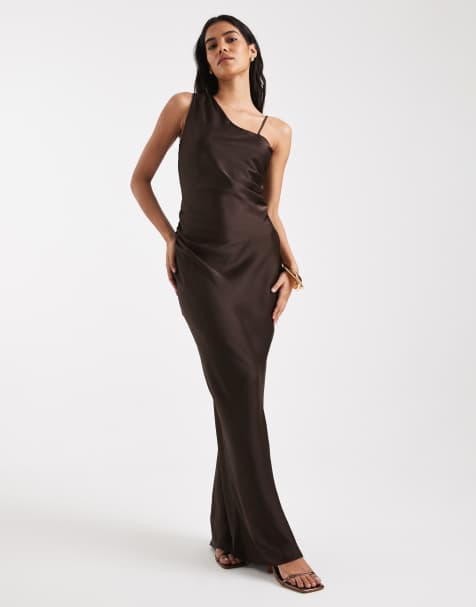 Vero Moda asymmetric shoulder detail ruched satin maxi dress in chocolate