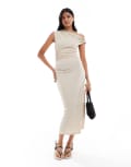 [Vero Moda] Vero Moda asymmetric shoulder textured midi dress in stone-White XS Pumice stone