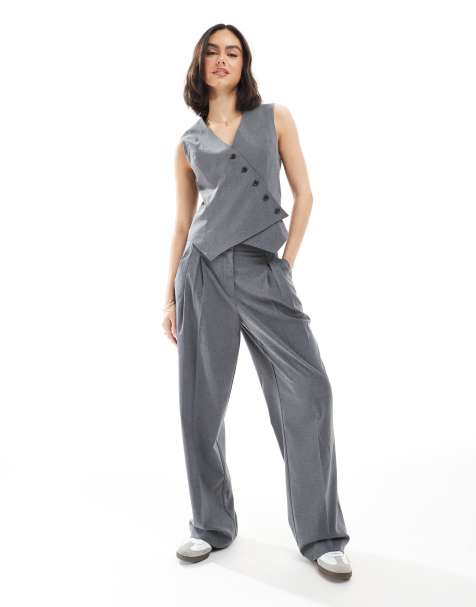 Vero Moda asymmetric vest and slouchy pleat front pants set in dark gray melange - view 1