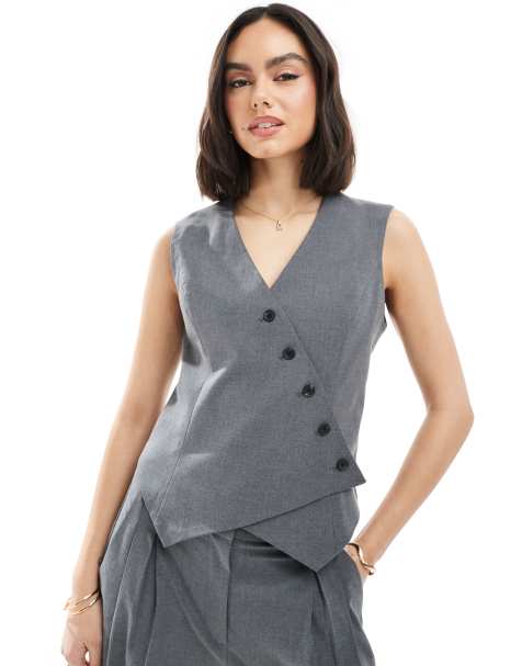 Vero Moda - Asymmetrisch gilet in gemêleerd donkergrijs, deel van co-ord set - view 1