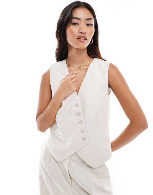 Vero Moda - Asymmetrisch gilet met linnen-textuur en knoopjes in beige, deel van co-ord set