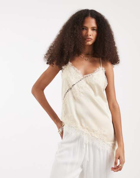 Vero Moda - Asymmetrische cami top van satijn met kanten rand in crème - view 1