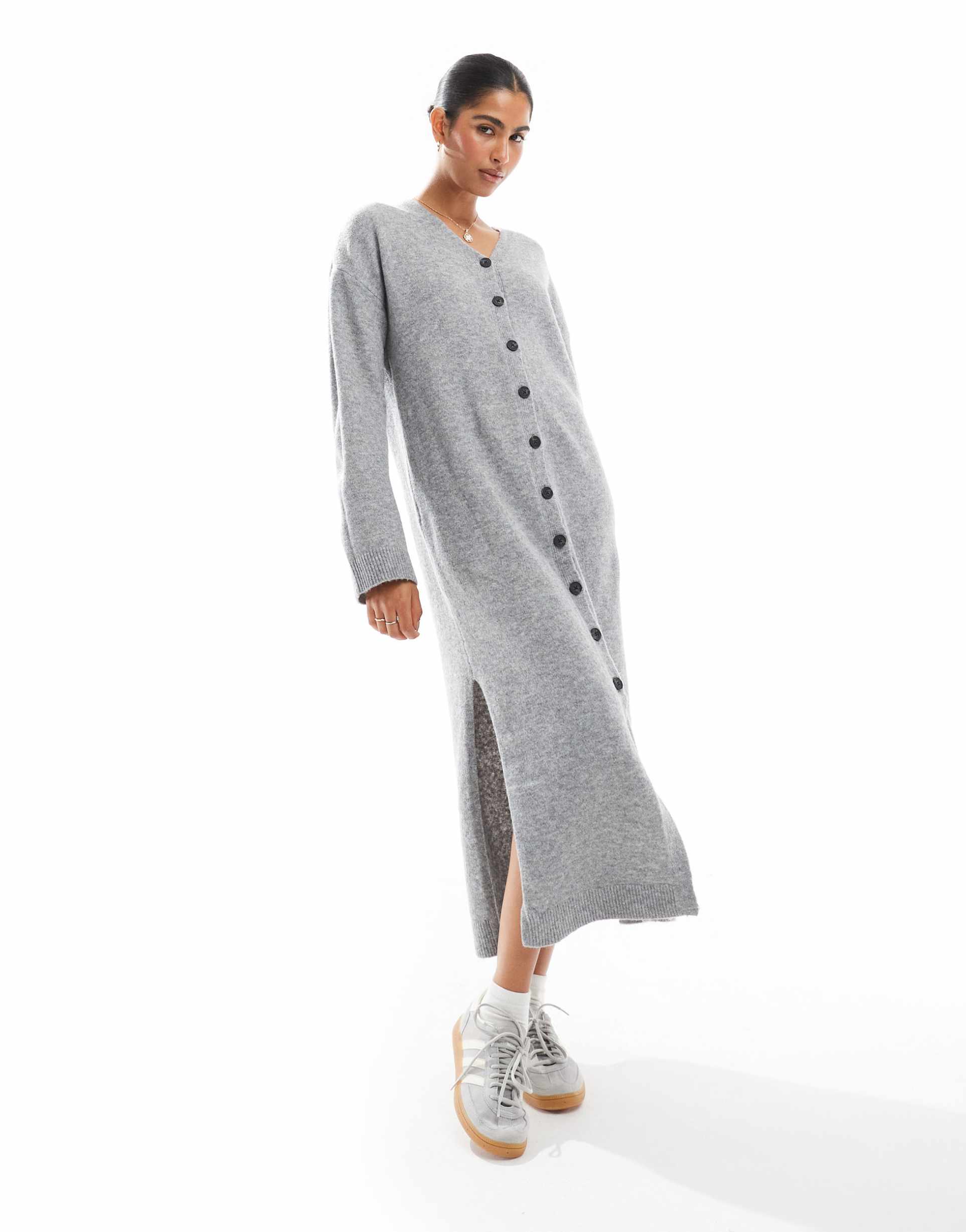 vero moda aware button down knit maxi dress in light gray melange