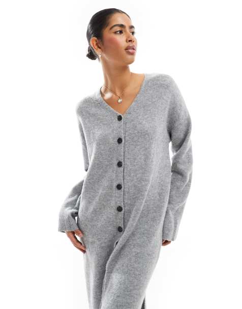 Vero Moda Aware button down knitted maxi dress in light grey melange - view 1