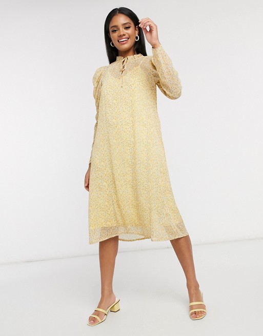 Vero Moda Aware chiffon midi dress with volume sleeve in yellow ditsy floral