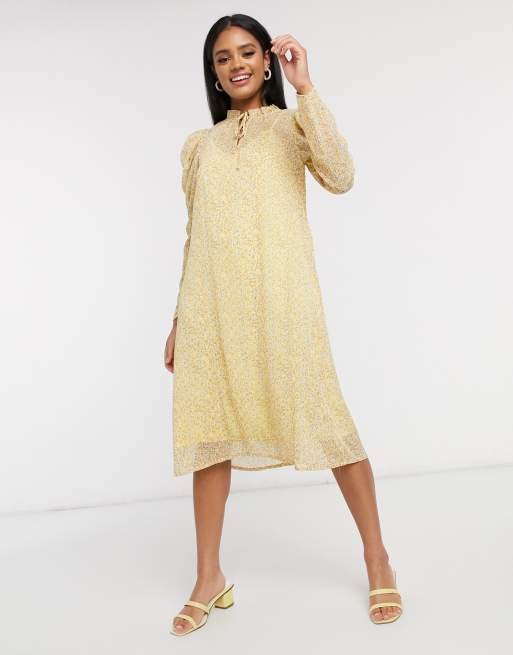 Vero Moda Aware chiffon midi dress with volume sleeve in yellow floral ASOS