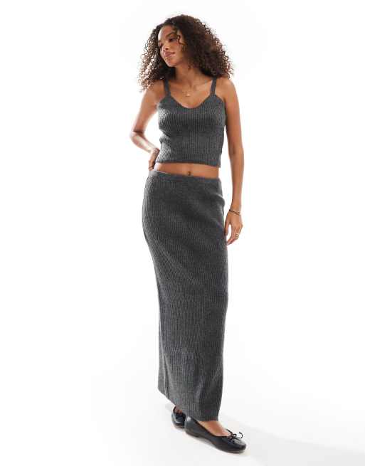 Vero Moda Aware chunky knit cardigan, tank top and maxi skirt set in dark gray melange