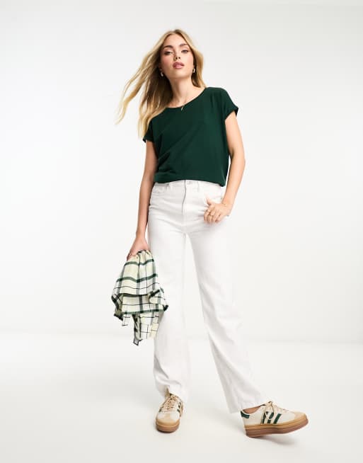 Vero Moda – Aware – Ciemnozielony T-shirt z dekoltem w łódkę, 3 z 4