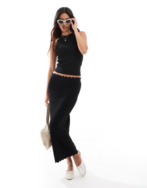 Vero Moda - Aware - Co-ord set van ribgebreide tanktop en maxi rok met geschulpte rand in zwart