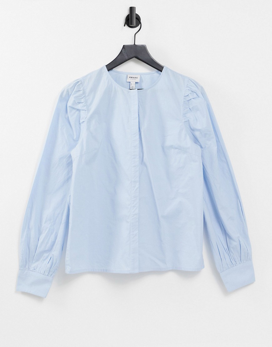 Vero Moda Aware collarless shirt in blue-White