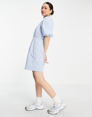 Vero Moda Aware cotton puff sleeve high neck mini dress in blue - MBLUE - ASOS Price Checker