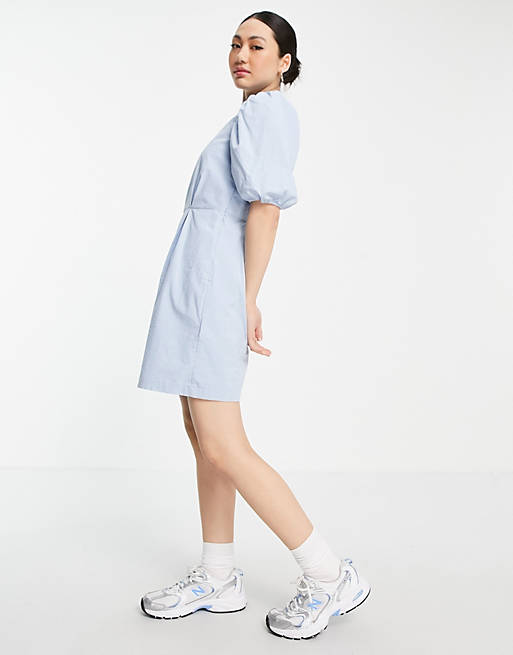 Vero Moda Aware cotton puff sleeve high neck mini dress in blue - MBLUE