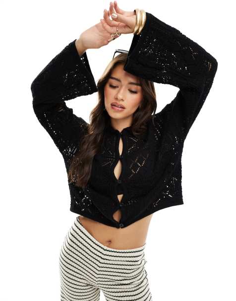 Vero Moda Aware crochet knit cardigan with collar in black - view 1