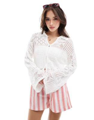 Aware crochet knit cardigan with collar in white