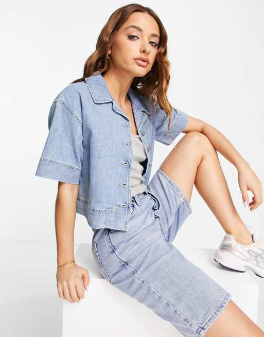 Vero Moda AWARE cropped denim shirt in mid wash blue