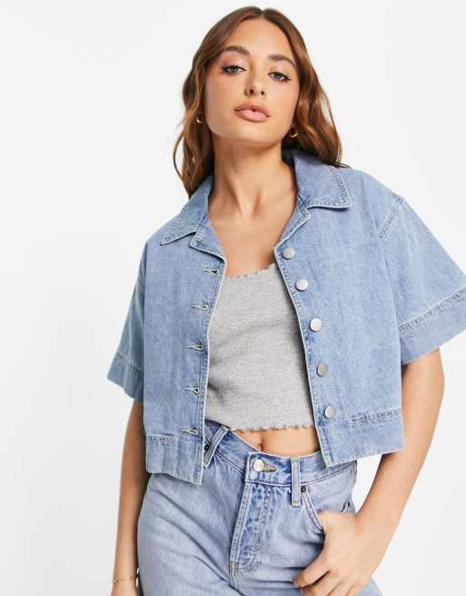 Vero AWARE cropped shirt in mid wash blue ASOS