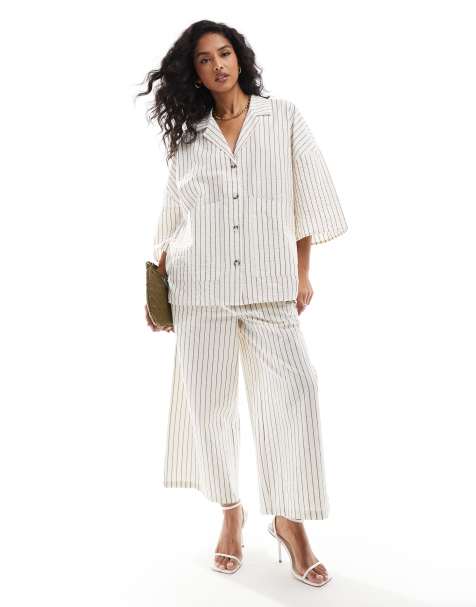 VERO MODA AWARE cropped wide leg pants in off white pinstripe - part of a set - view 1