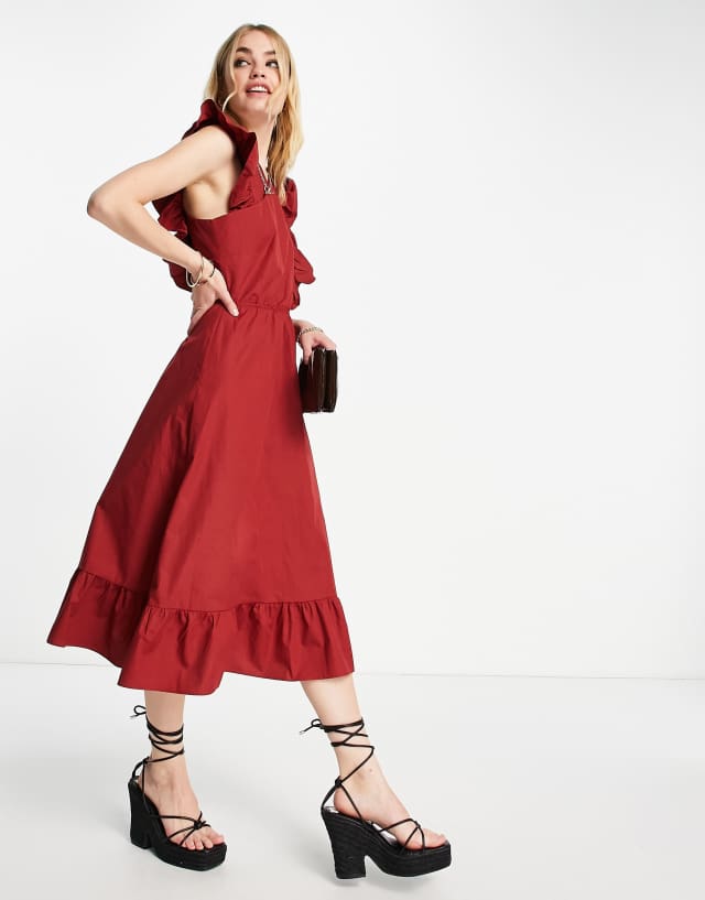 Vero Moda Aware cross front midi dress with frill detail in red