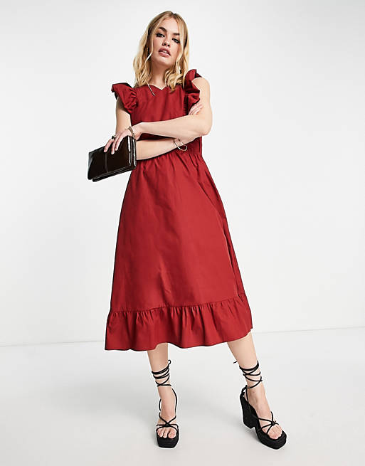 Vero Moda Aware cross front midi dress with frill detail in red