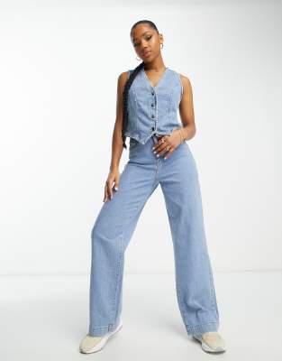 Aware double denim wide leg jeans in light blue wash - part of a set