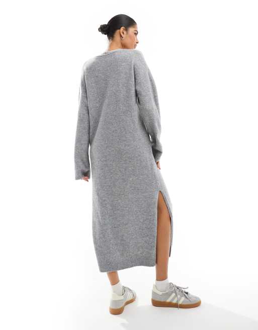 Vero Moda Aware Gebreide maxi jurk met knopen in gemeleerd lichtgrijs ASOS