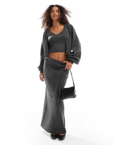 Vero Moda - Aware - Gebreide maxi rok in gemêleerd donkergrijs, deel van co-ord set - view 1
