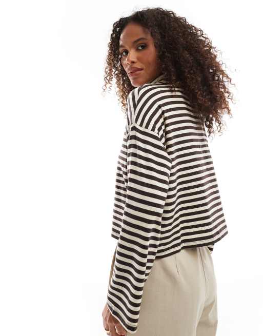 Vero Moda - Aware - Gestreepte top van jersey met col in crème en bruin, 4 van 4