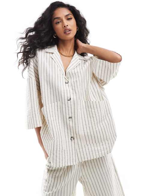 Vero Moda - Aware - Giacca oversize in cotone bianco sporco gessata in coordinato