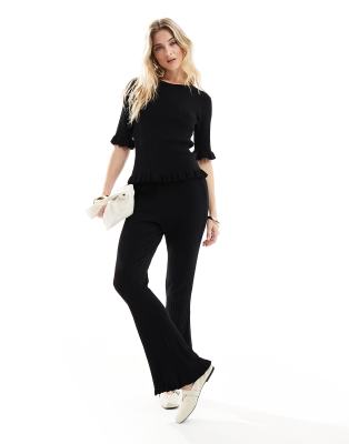 Vero Moda Aware Knit Lettuce Edge Flared Pants In Black - Part Of A Set