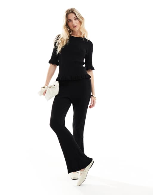 Vero Moda Aware knitted lettuce edge flared pants in black (part of a set)