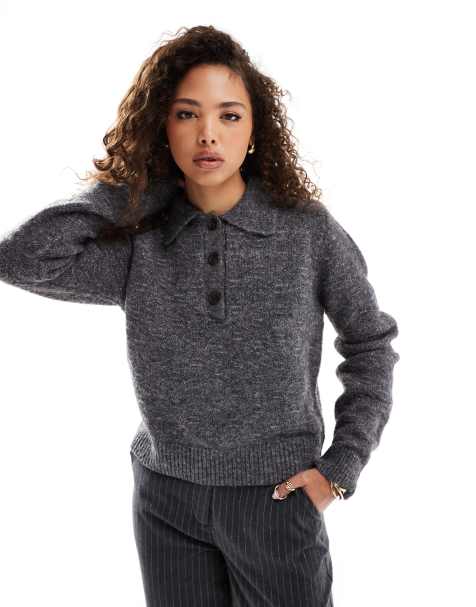 Vero Moda Aware knitted polo jumper in dark grey melange - view 1