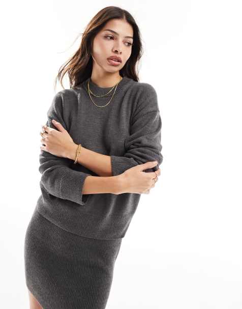 Vero Moda Aware knitted scoop neck jumper in dark grey melange (part of a set) - view 1