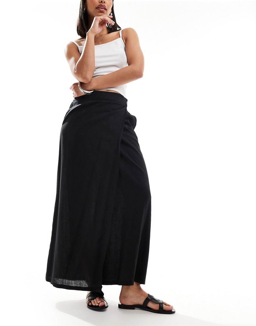 Vero Moda Aware Linen Mix Wrap Maxi Skirt In Black