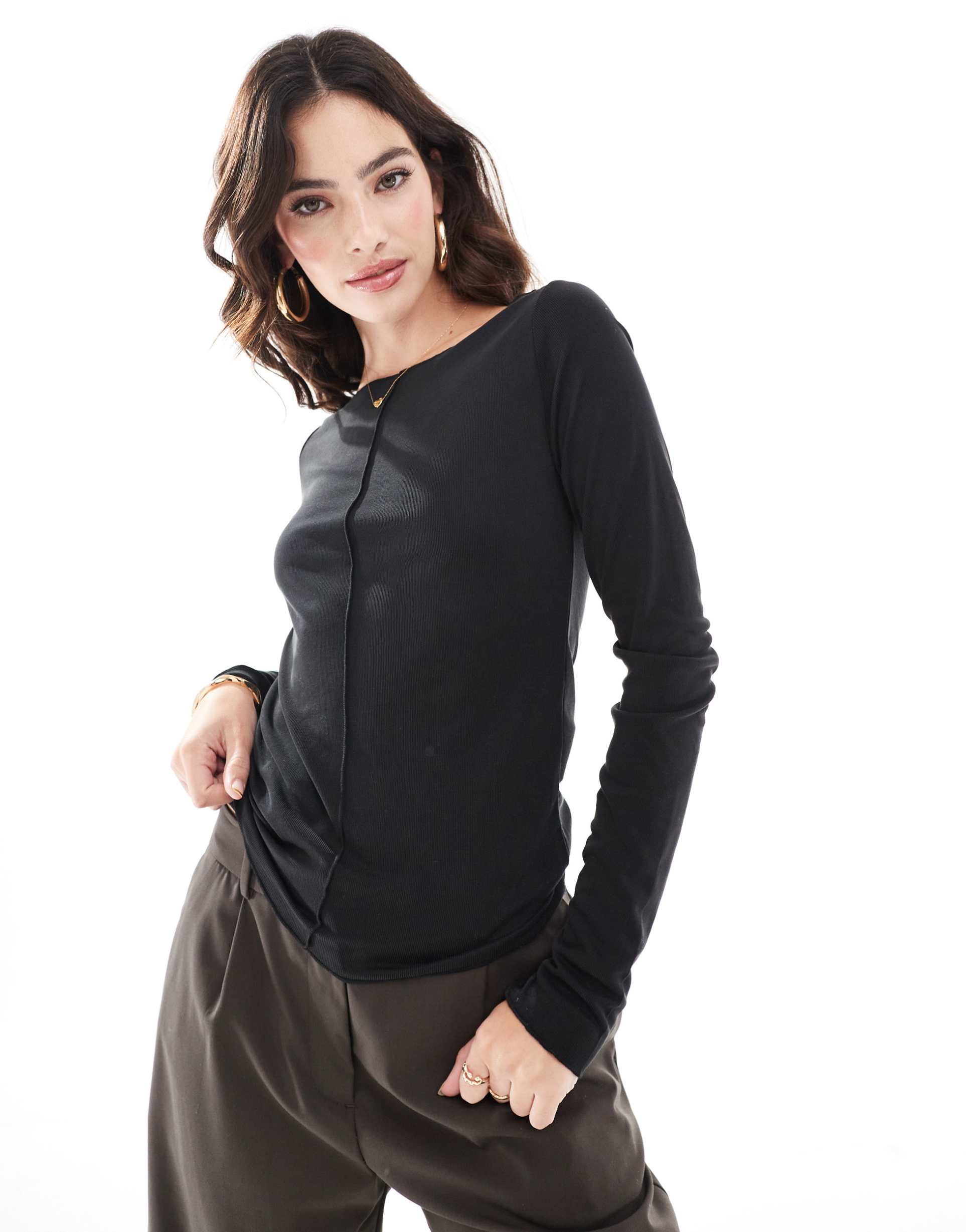 vero moda aware long sleeve top with seam detail in black