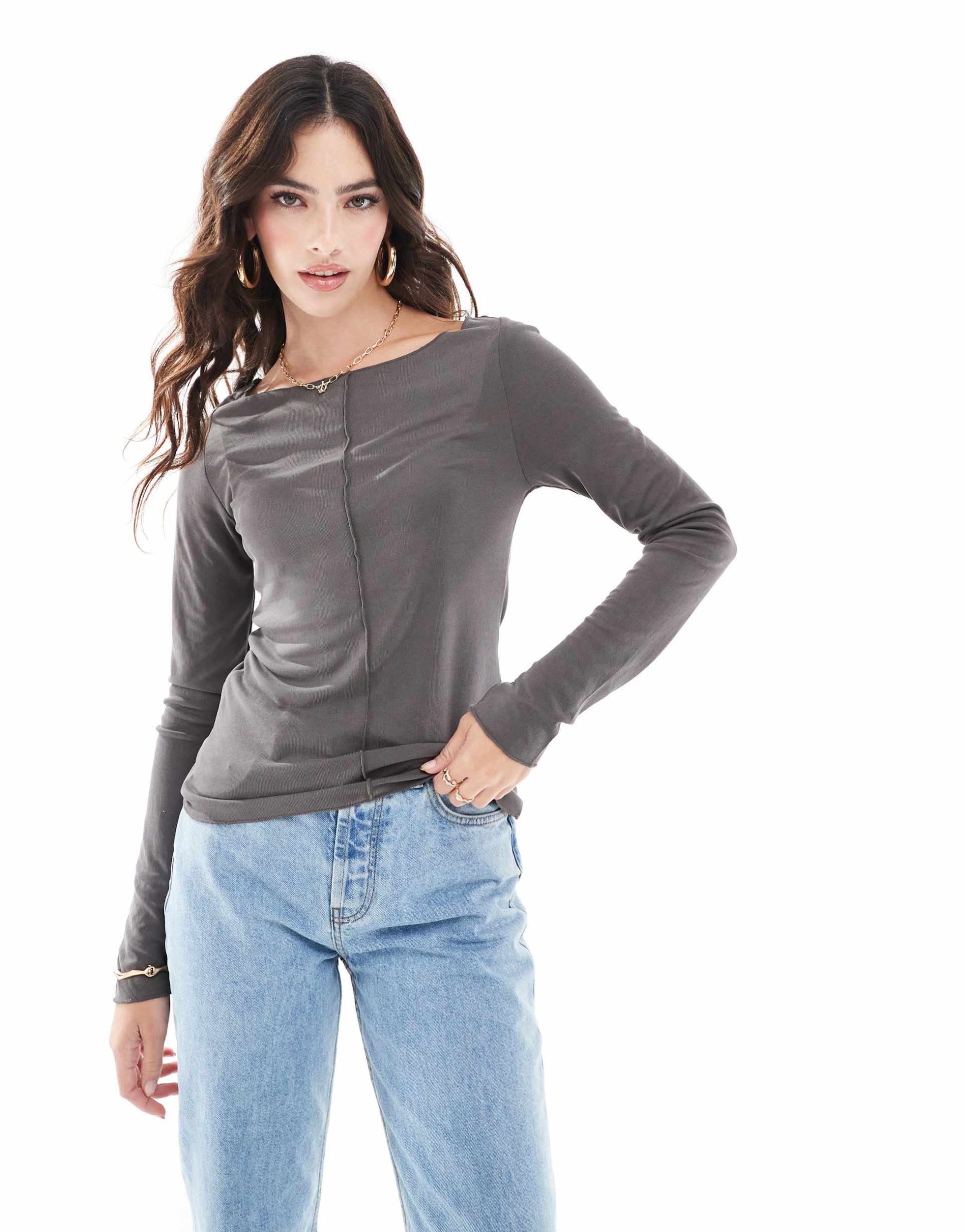 vero moda aware long sleeve top with seam detail in taupe